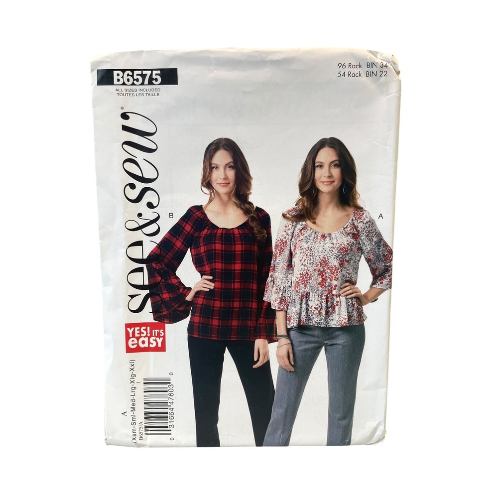 See & Sew Sewing Pattern Misses XS-XXL B6575 Top Loose Fit Bell Sleeve Ruffle